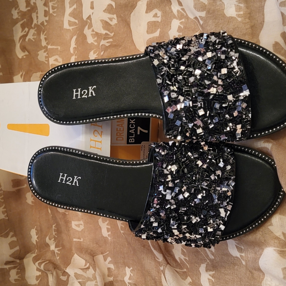 Women's Black Beaded Slide Sandals
